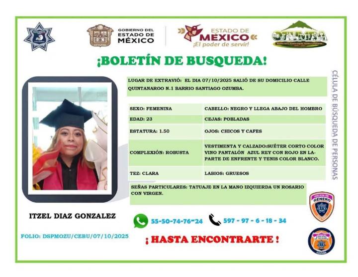SE SUMA GOBIERNO DE AMECAMECA A BÚSQUEDA DE LA JOVEN ITZEL DESAPARECIDA EN OZUMBA
