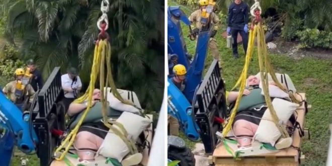 Con grúa rescatan a hombre que pesaba más de 200 kilos
