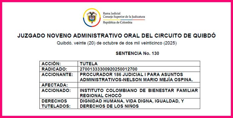 Tutela ordena inclusión de niña de Quibdó en programa del ICBF