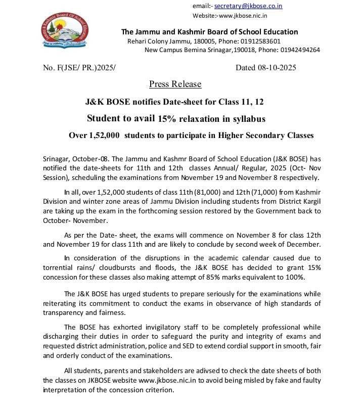 JKBOSE announces Date-Sheet for Class 11, 12 exams; 15% syllabus relaxation granted