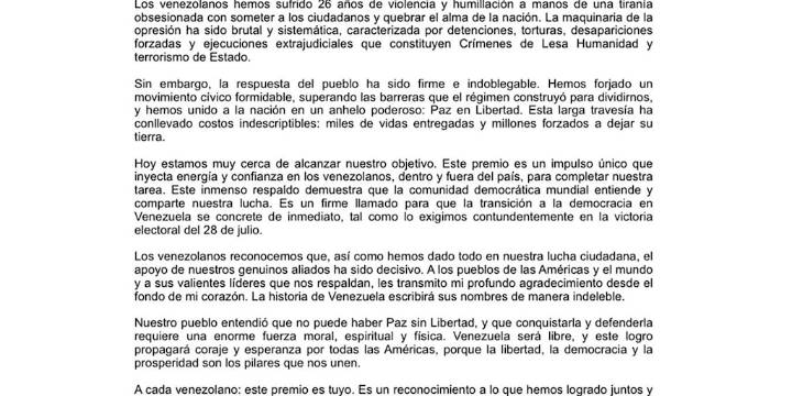 La carta que María Corina Machado escribió tras ganar el Nobel: “Venezuela será libre y este logro propagará coraje y esperanza”