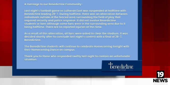 Benedictine High School football game ends early due to fight outside field