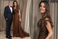 Amal Clooney wears a brown Versace dress for Albie Awards with George Clooney