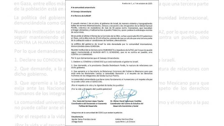 CEDES emplaza a la BUAP a condenar genocidio y pedir a Sheinbaum romper con Israel