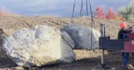 Boulders brought to the future site of Ashley Creek Park in Kalispell