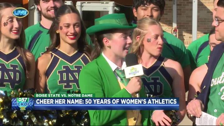 Fighting Irish Leprechaun McKenna stops by ABC57 Kickoff with the Gold Cheer Squad