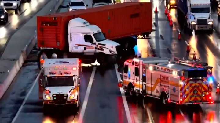 Jackknifed semi-truck causes blockage on I