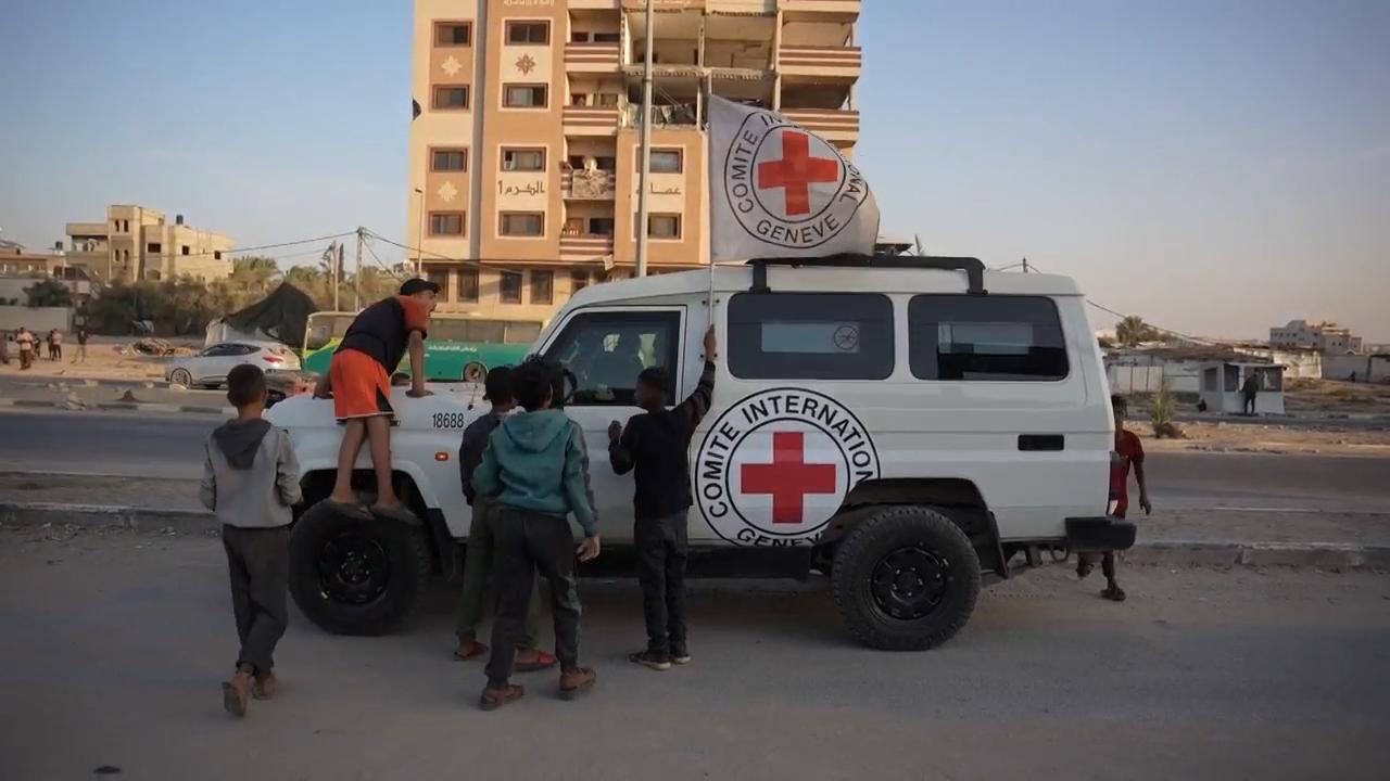 Red Cross vehicles believed to carry remains of hostages on the move in Gaza