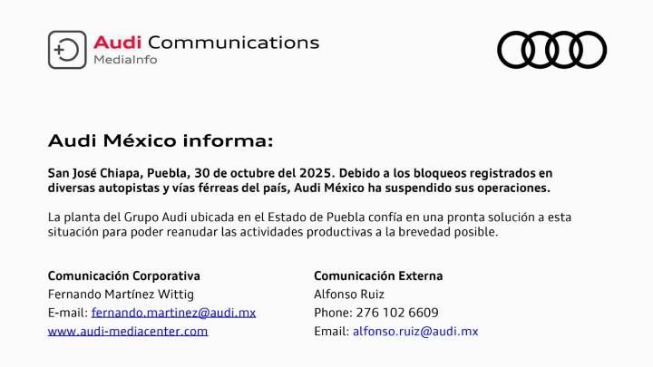 Audi anuncia suspensión de la producción en Puebla por bloqueos en el país