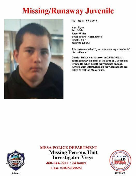 Dylan Brannksma, 16, missing from Mesa, police say