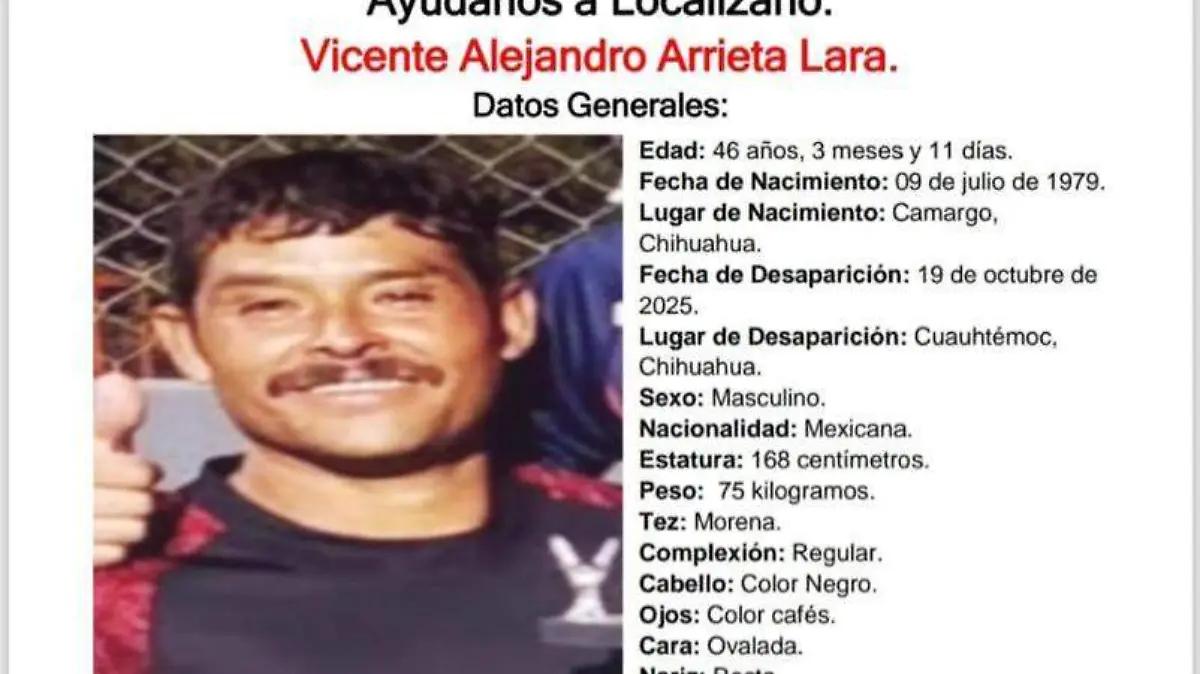 Piden ayuda para localizar a Vicente Alejandro; desapareció el 19 de octubre en Cuauhtémoc