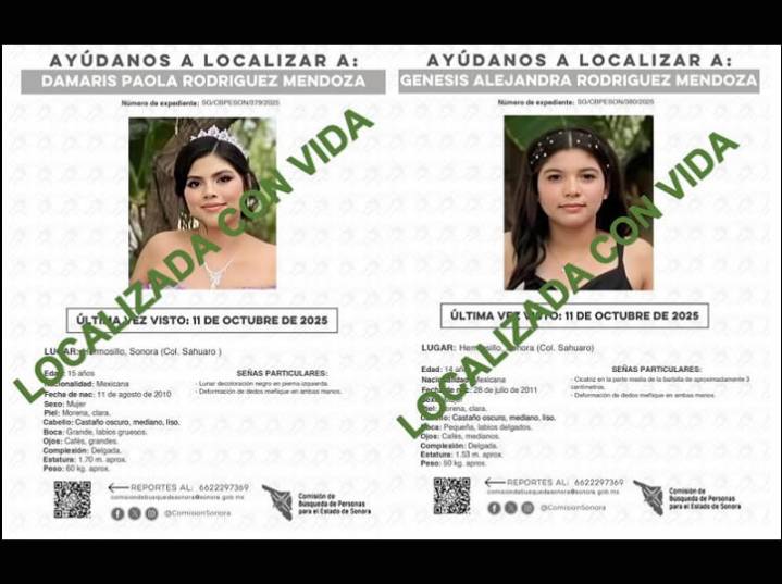 Adolescentes de 14 y 15 años son localizadas con vida tras reporte de desaparición en Hermosillo