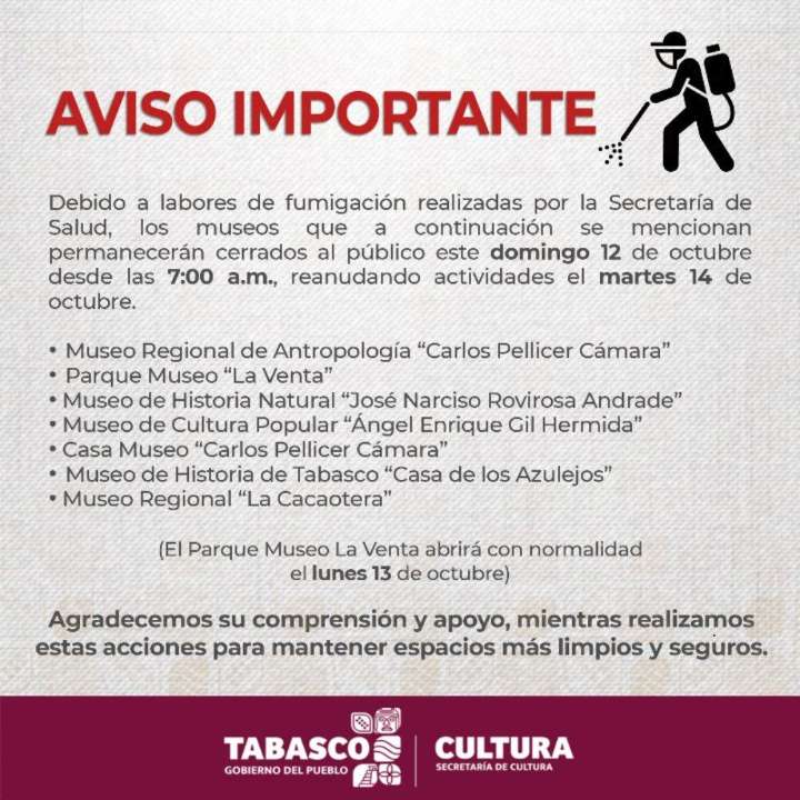 Cierre temporal de museos en Tabasco por fumigación sanitaria