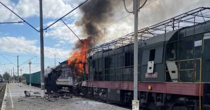 Moment Putin drone hits train wounding dozens in 'act of terror' against civilians