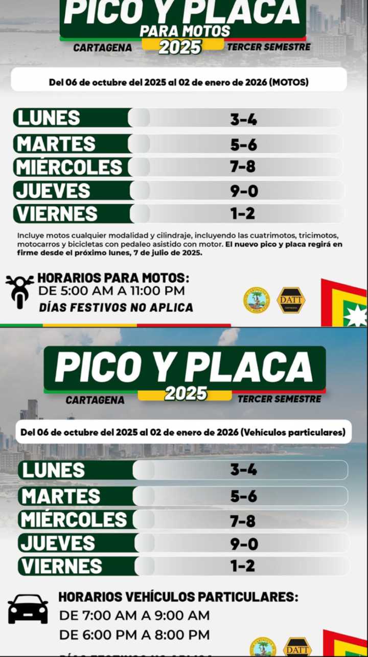 Nueva rotación de pico y placa para motocicletas y vehículos particulares en Cartagena