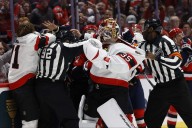Senators goalie Linus Ullmark leaves crease, enters scrum at other end of the ice