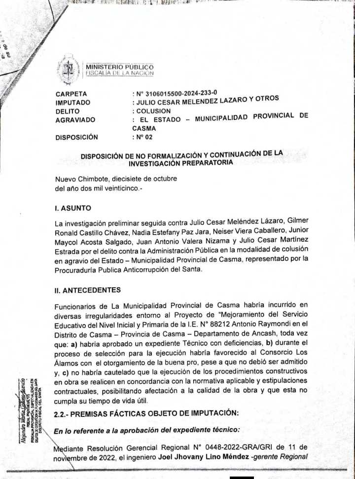 FISCALÍA ANTICORRUPCIÓN ARCHIVA DENUNCIA CONTRA LA OBRA EN EL ANTONIO RAIMONDI DE CASMA